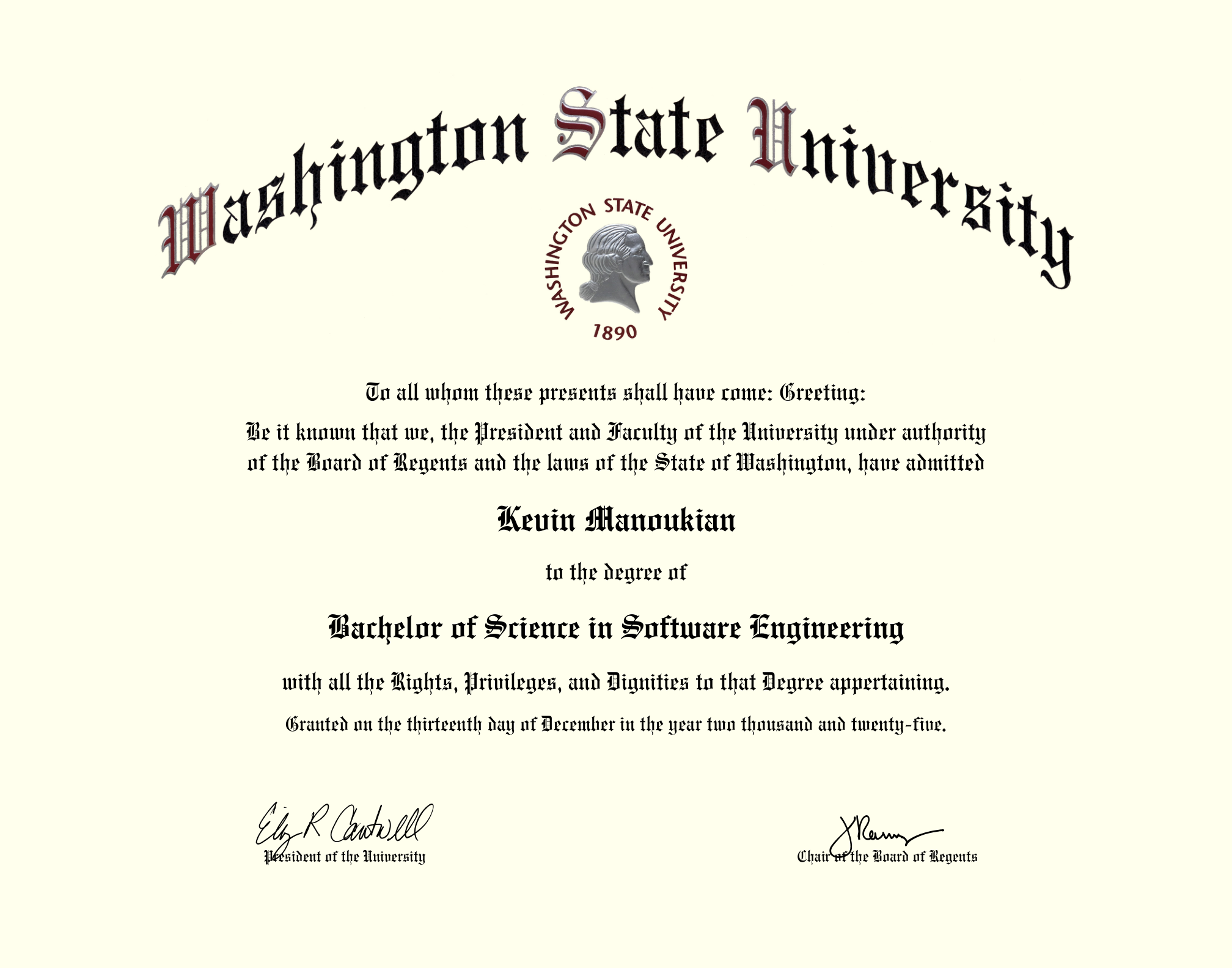 Washington State University diploma awarded to Kevin Manoukian: Bachelor of Science in Software Engineering, December 13, 2025.